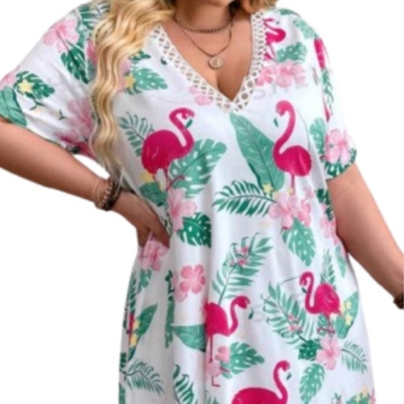 PRETTY PINK FLAMINGOS ☆ LACE TRIMMED ☆ LOUNGE DRESS ☆ NWT - Picture 3 of 7